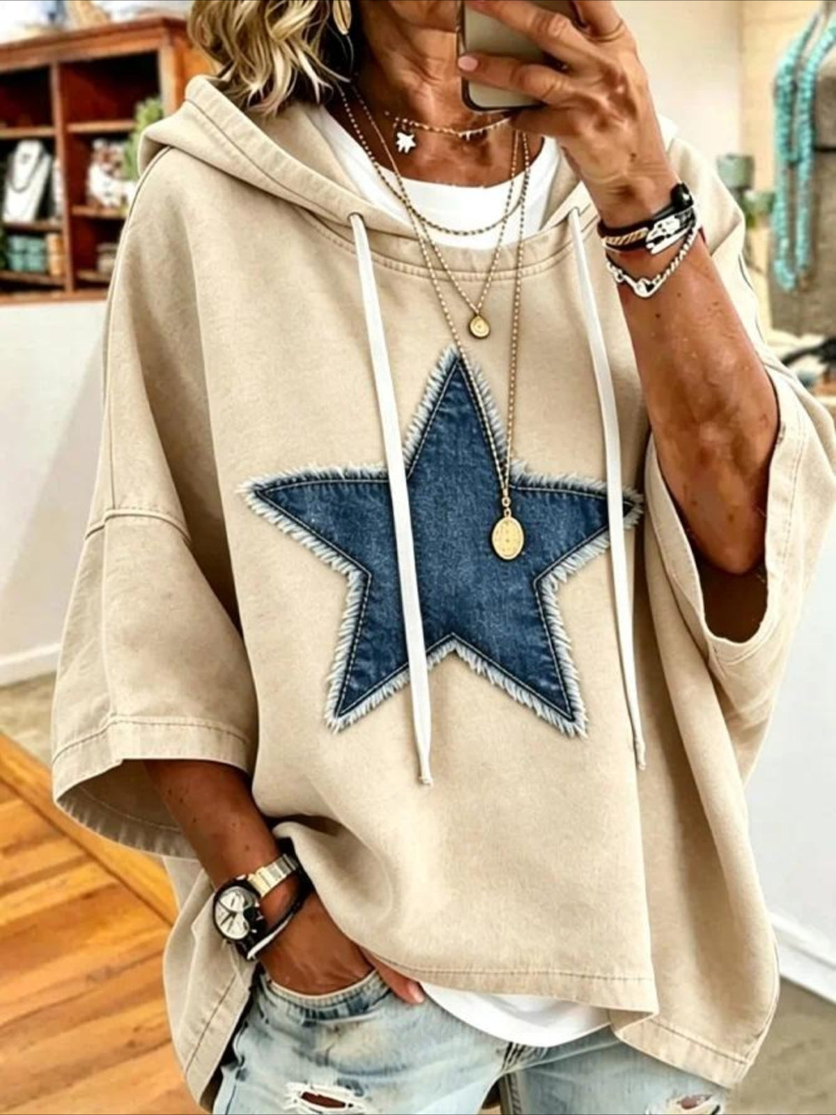 Casual Star Printing Half Sleeve Hoodie