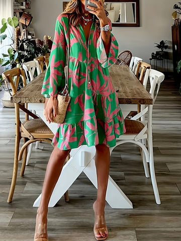 Leaves Print Tiered Long Sleeve Dress