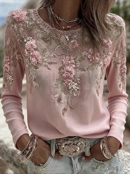 Floral Printing Jersey Crew Neck Long Sleeve T-shirt