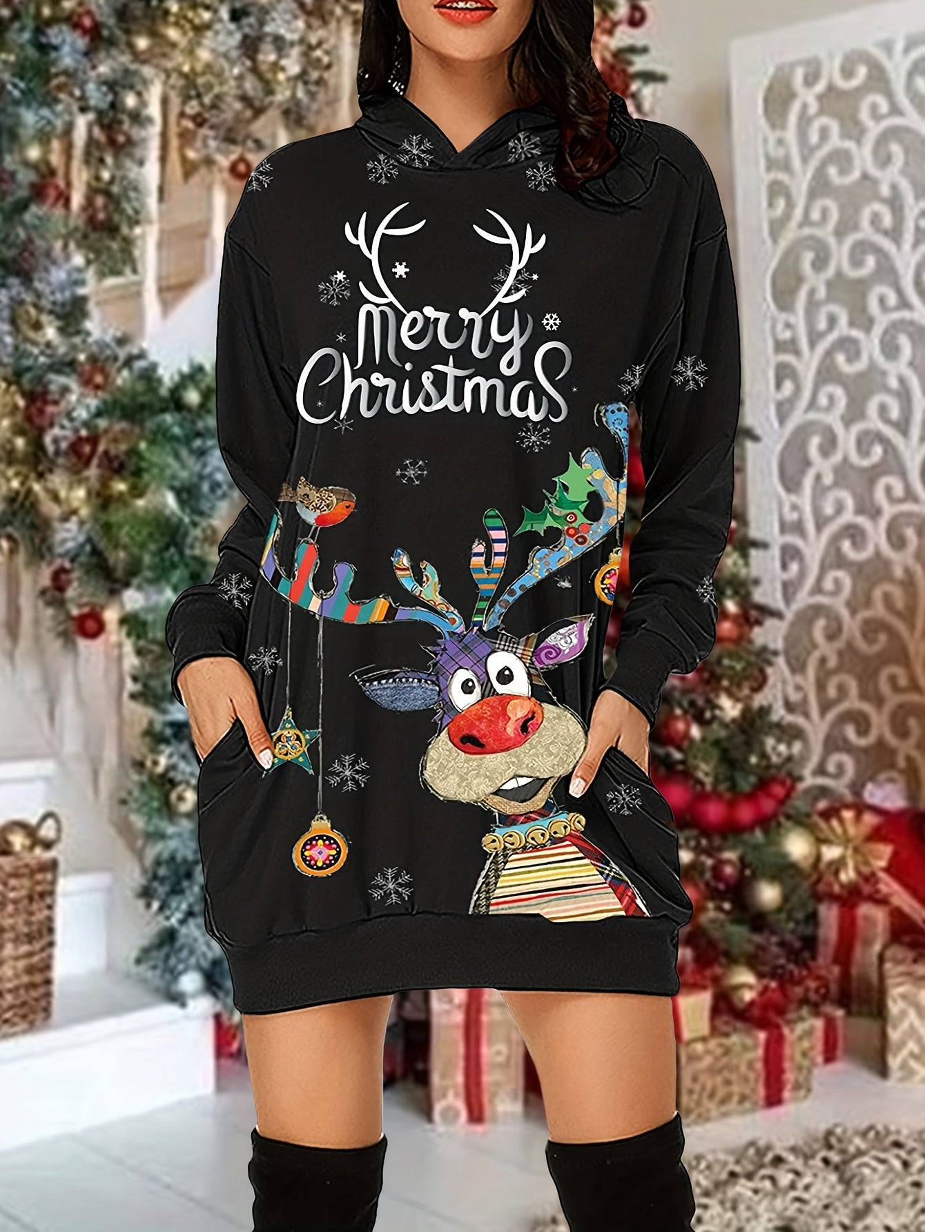 Christmas Print Casual Hoodie Dress Long Sleeve Hooded Dress