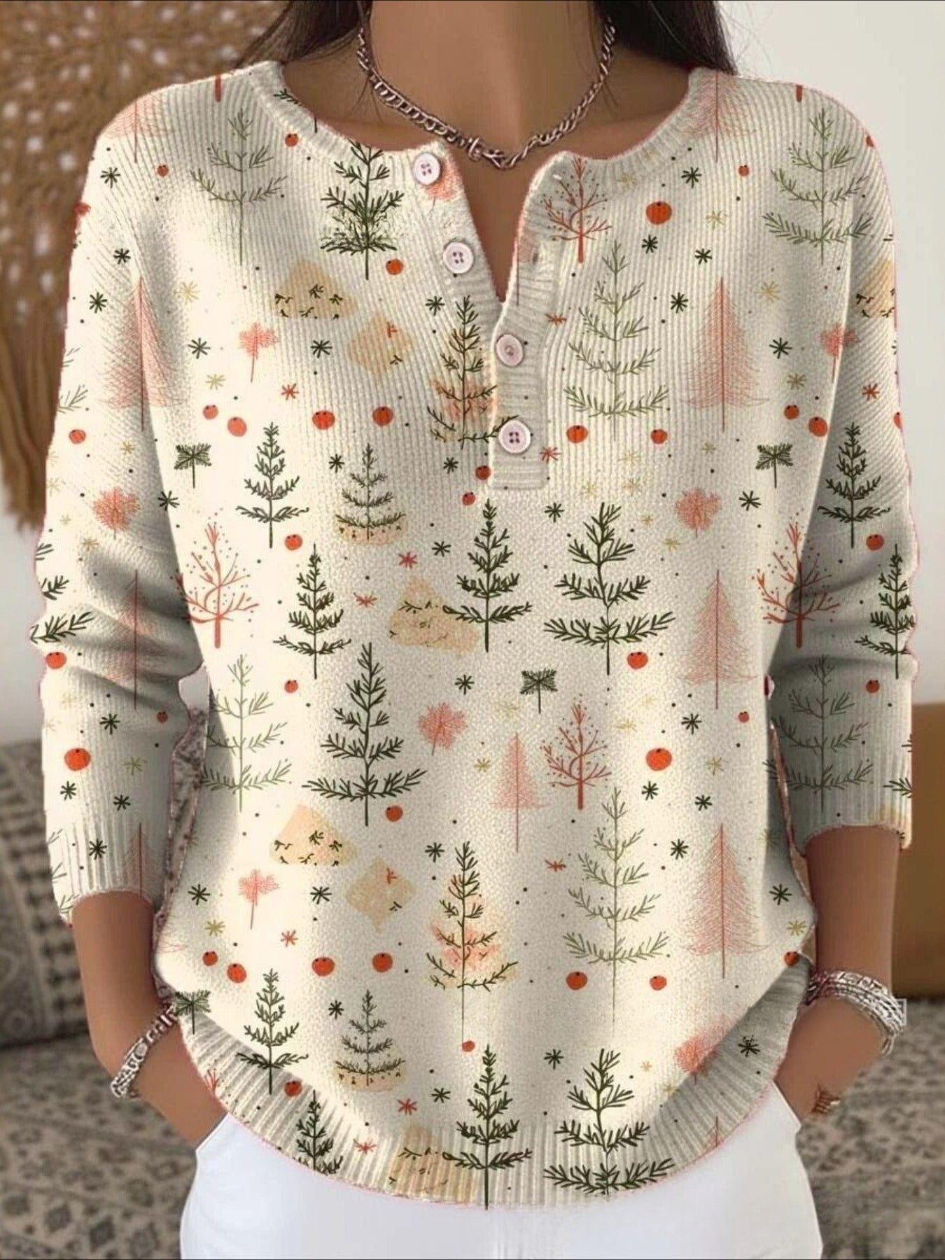 Christmas Green Tree Art Print Buttoned Sweater Tee