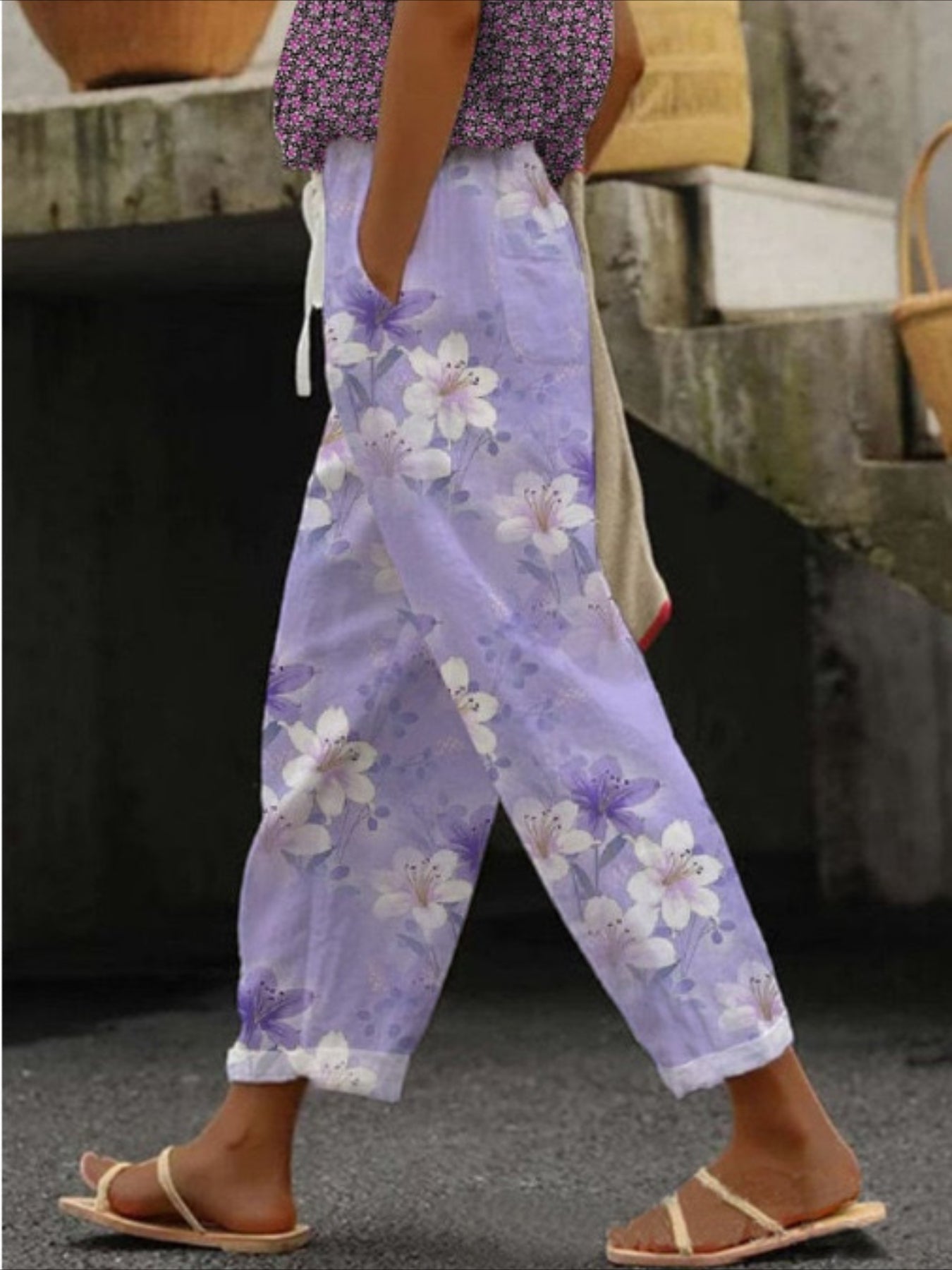Floral Print Pants, Casual Elastic Waist Pants