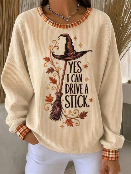 YES I CAN DRIVE A STICK. Halloween Printed Crew Neck Floral Long Sleeve Sweater Hoodie