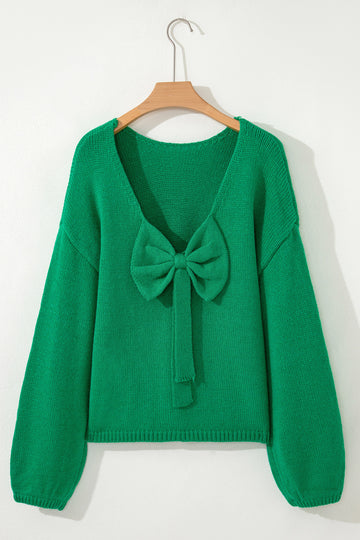 Bright Green Bow Backless Bubble Sleeve Sweater