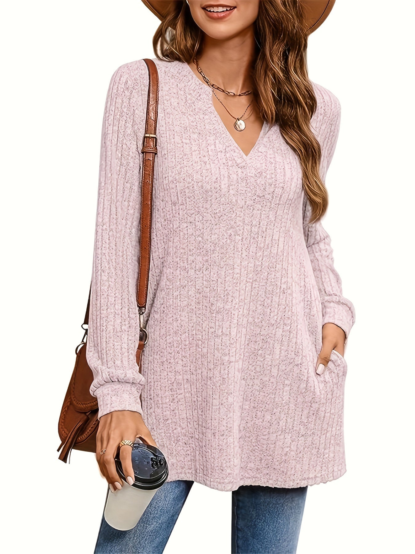 Solid Notched Neck Simple Tunics, Versatile Long Sleeve Top