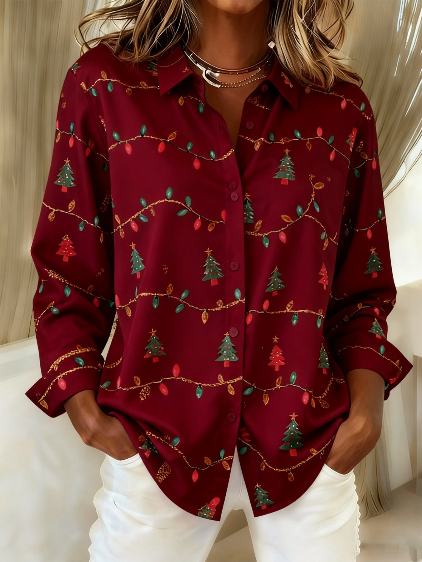 Christmas Vintage Loose Shawl Collar Shirt