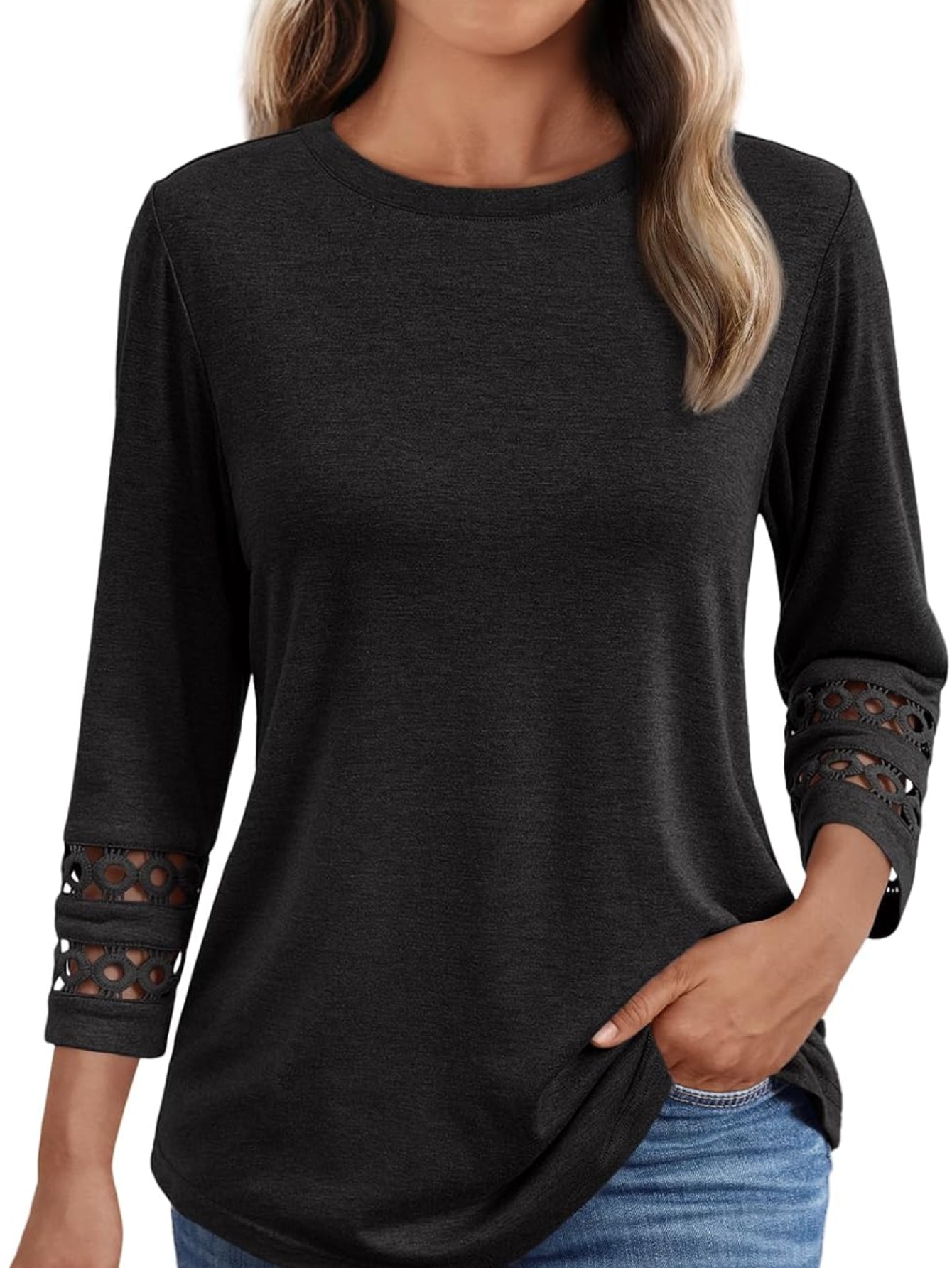 3/4 Length Sleeve Crewneck Lace Tunic Tops