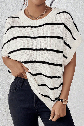 White Stripe Round Neck Batwing Sleeve Sweater