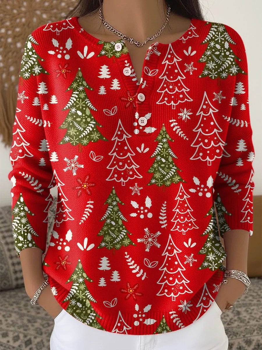 Christmas Green Tree Art Print Buttoned Sweater Tee