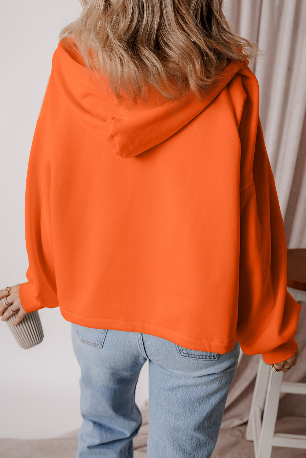 Orange Fleece Lined Half Zipper Kangaroo Pockets Loose Hoodie