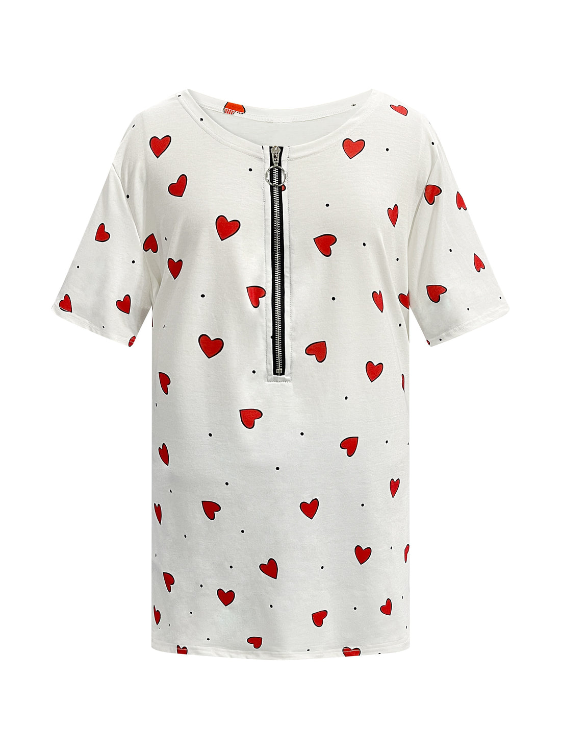 Heart Print T-Shirt, Casual Zipper Crew Neck Short Sleeve T-Shirt