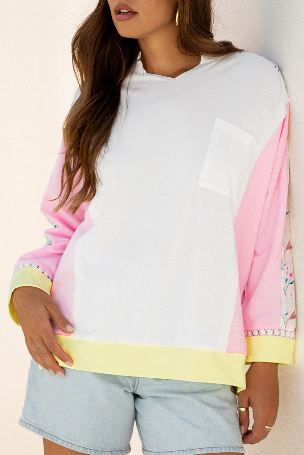 White Floral Colorblock Patchwork Chest Pocket Notched Neck Long Sleeve Top