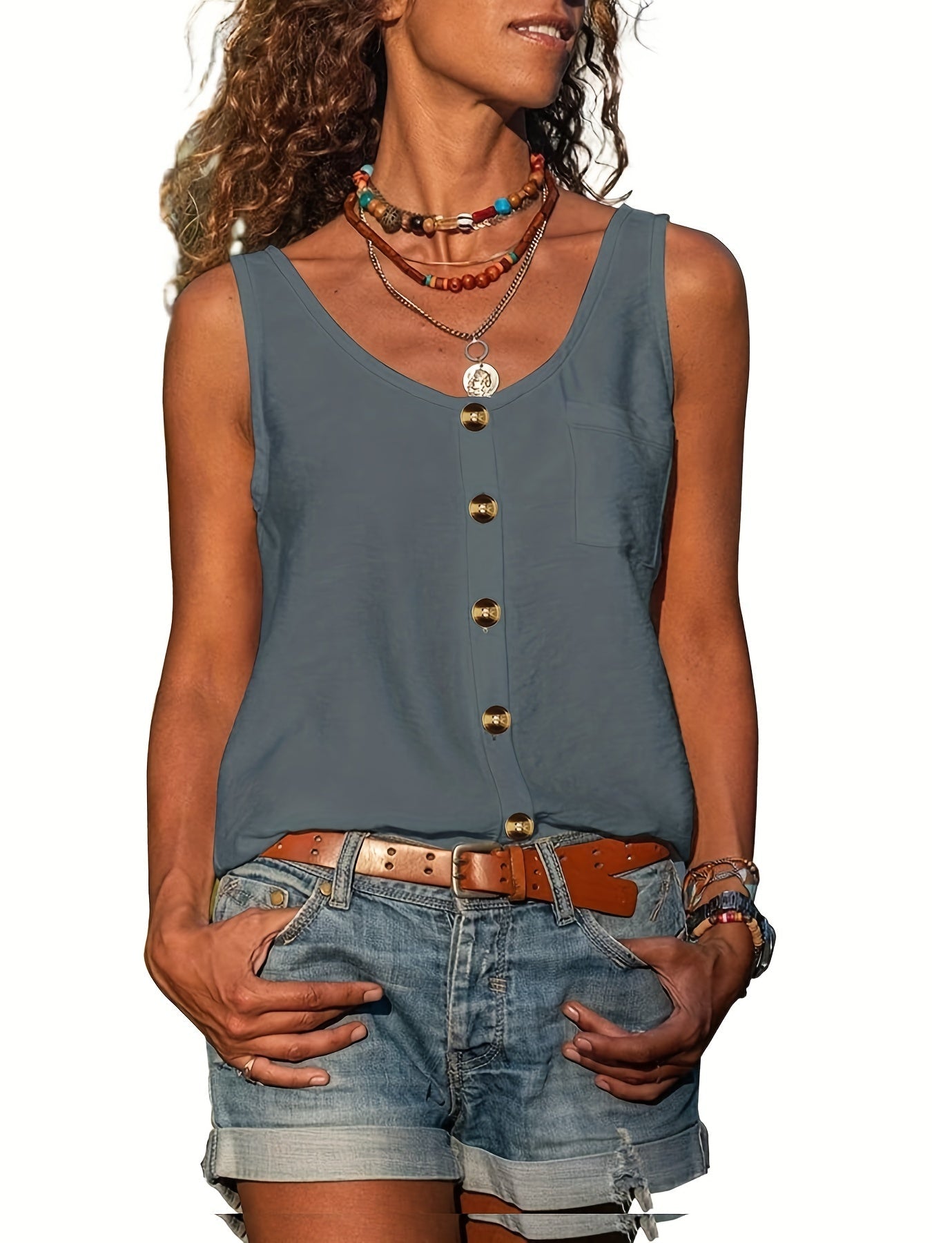 Button Front Scoop Neck Tank Top, Casual Summer Sleeveless Solid Tank Top