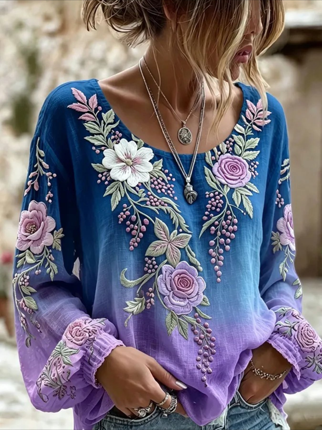 Daisy Floral Crew Neck Long Sleeve Blouse