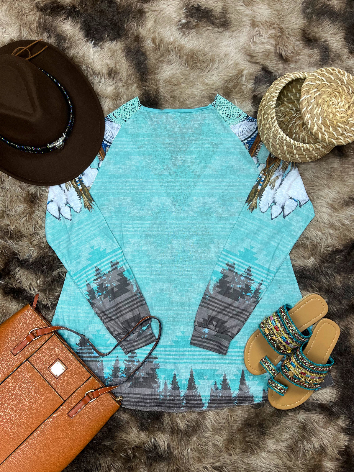 Lace Trim Flared T-shirt, Tribal Print Long Sleeve V Neck Loose T-shirt