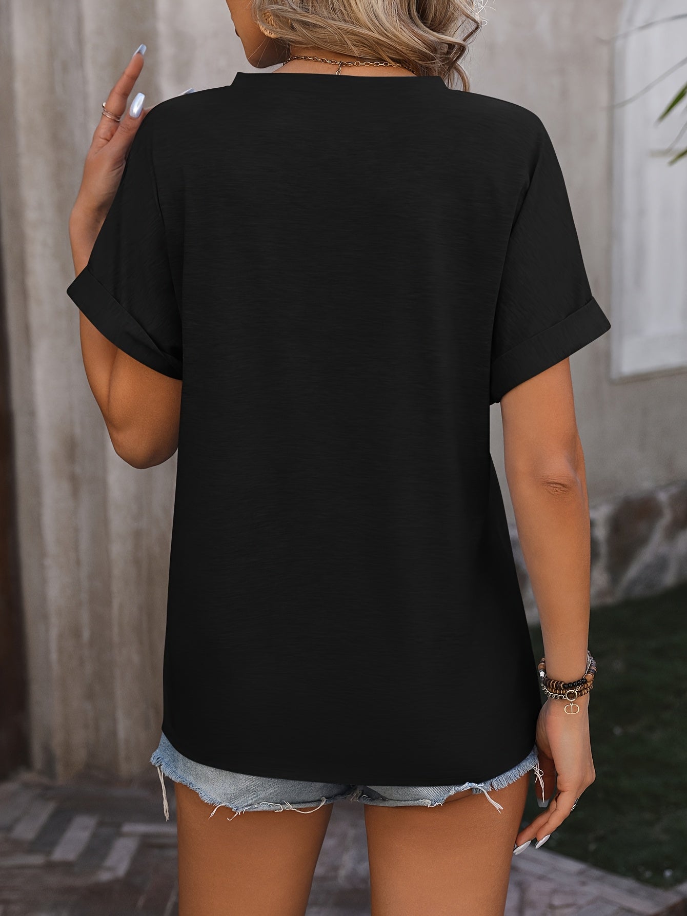 Casual V-neck Button Pure Color Loose Short-sleeved T-shirt