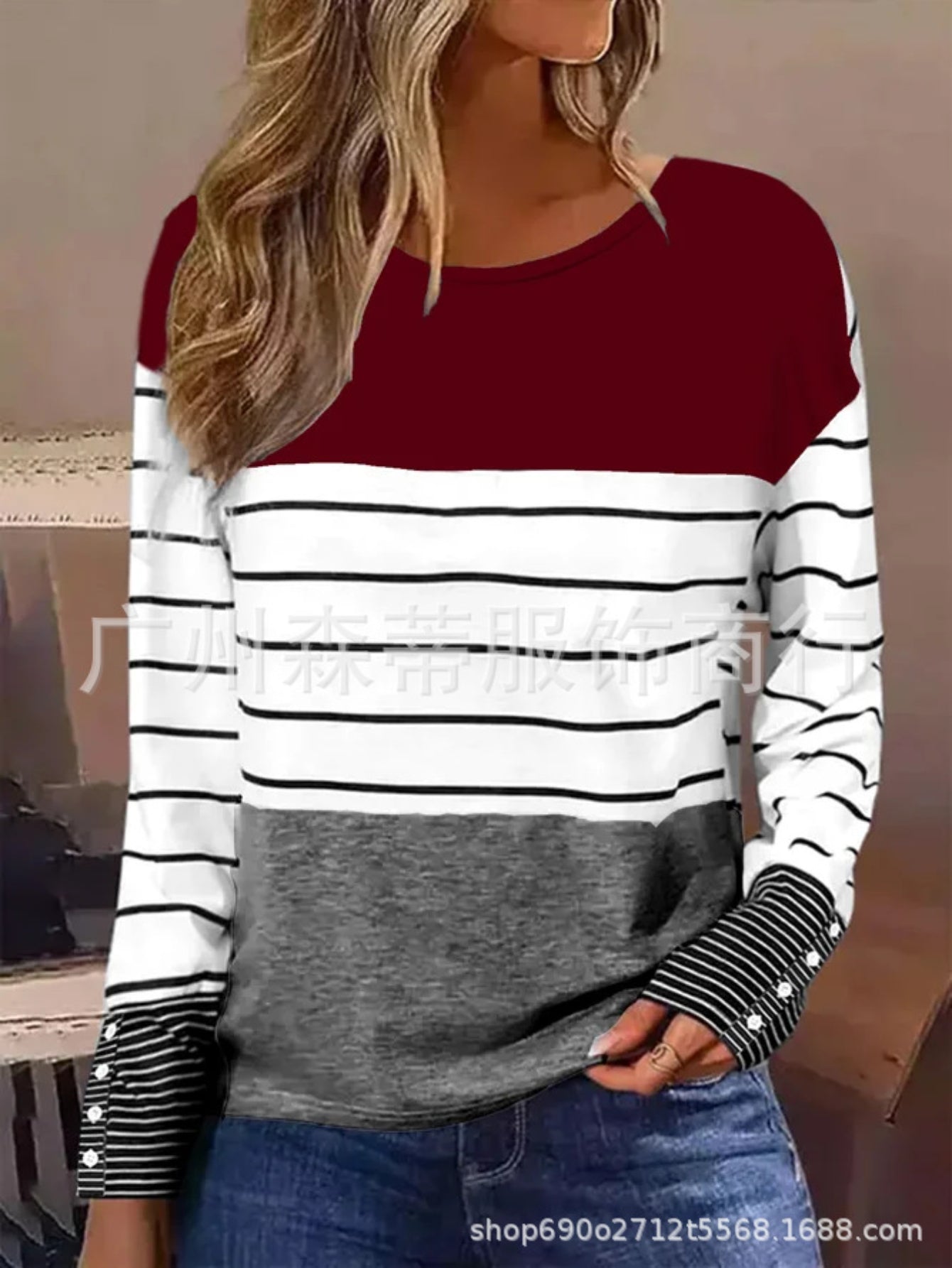 Stripe Print Colorblock Crew Neck T-Shirt, Casual Long Sleeve Top