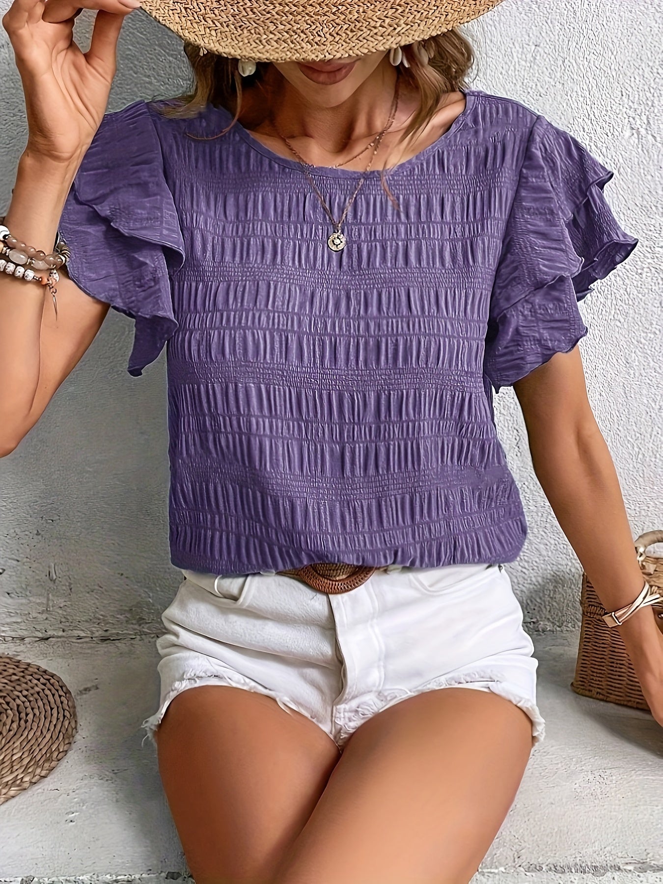 Textured Butterfly Sleeve Blouse, Elegant Solid Color Crew Neck Top