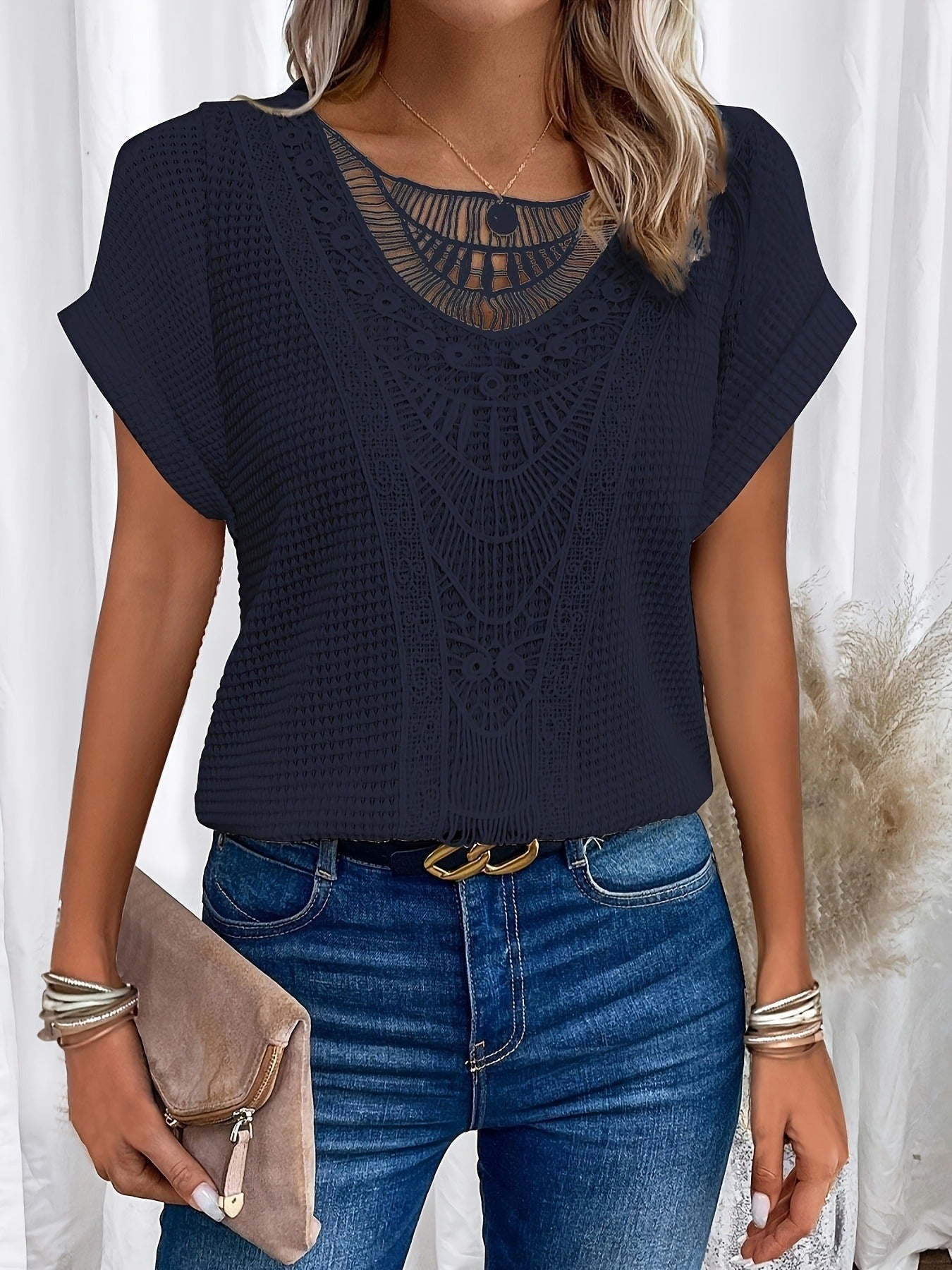 Contrast Lace Crew Neck T-Shirt, Casual Short Sleeve T-Shirt