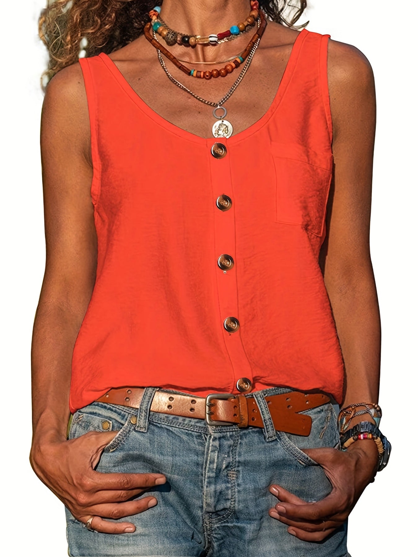Button Front Scoop Neck Tank Top, Casual Summer Sleeveless Solid Tank Top