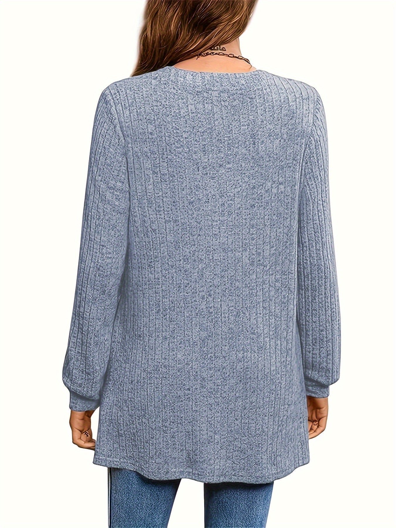 Solid Notched Neck Simple Tunics, Versatile Long Sleeve Top