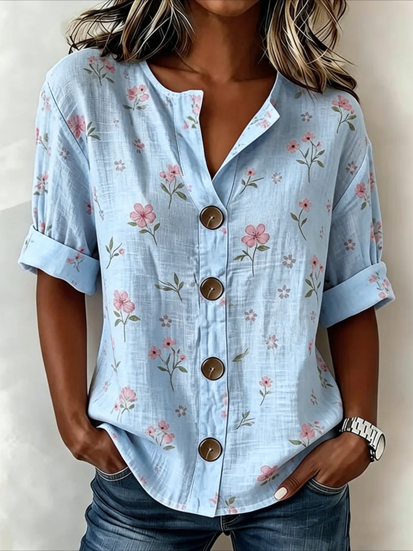 Floral Loose Stand Collar Simple Linen Blend Long Sleeve Shirt
