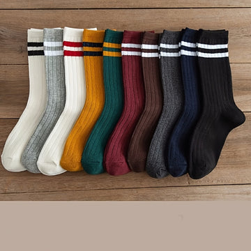 5/10 Pairs Solid Patched Stripes Crew Socks, Basic Sports Business Stockings