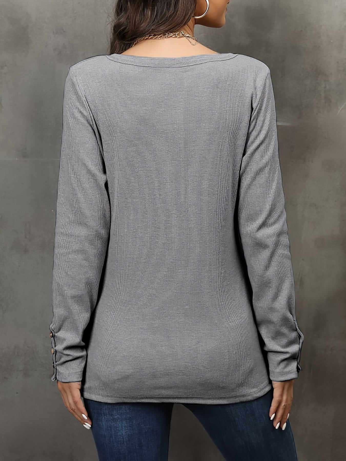 Casual Button Scoop Neck T-shirt, Loose Long Sleeve Slim Fit Fashion T-Shirts Tops