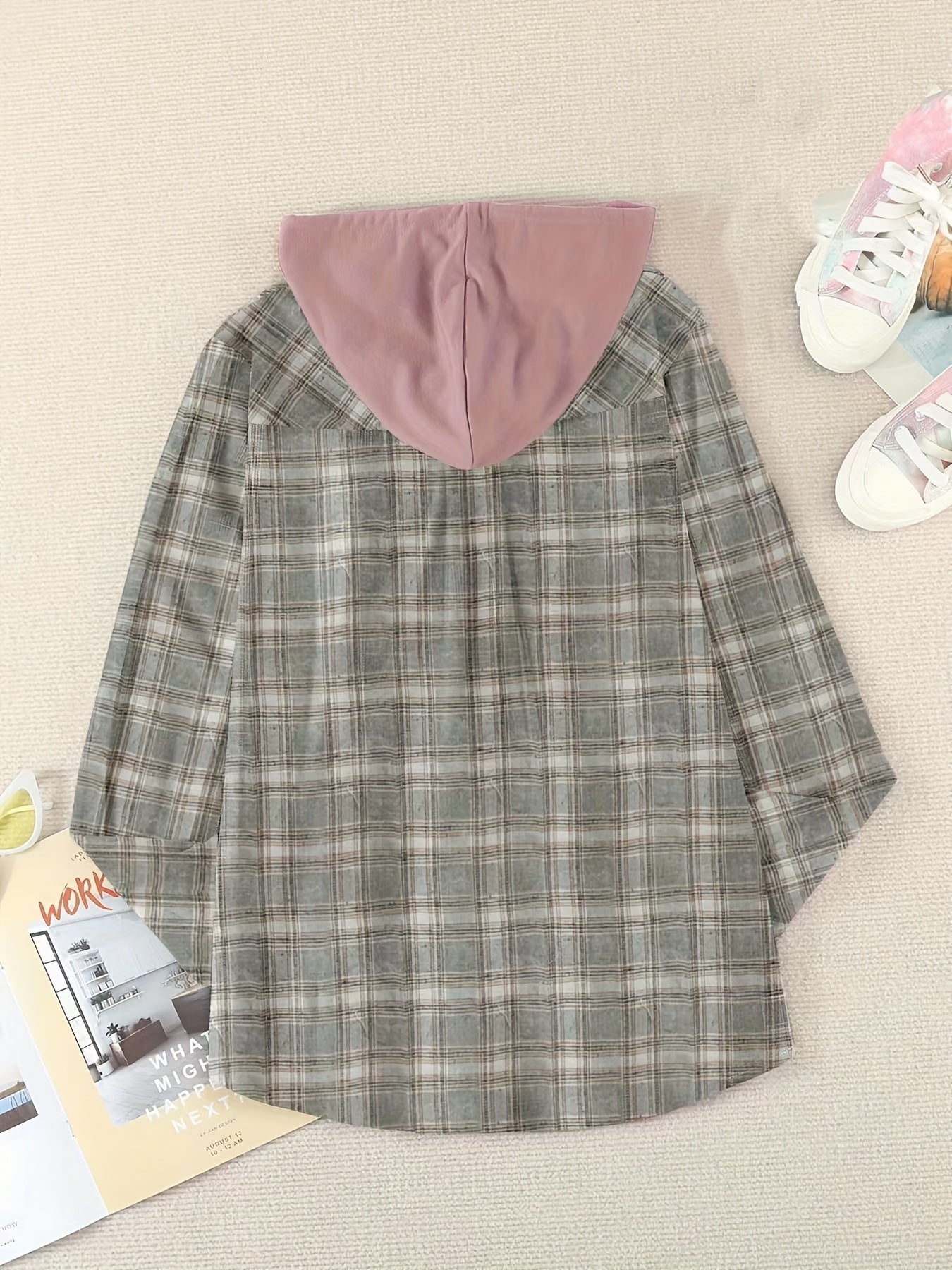 Plaid Print Hooded Shirt, Casual Long Sleeve Drawstring Shirt