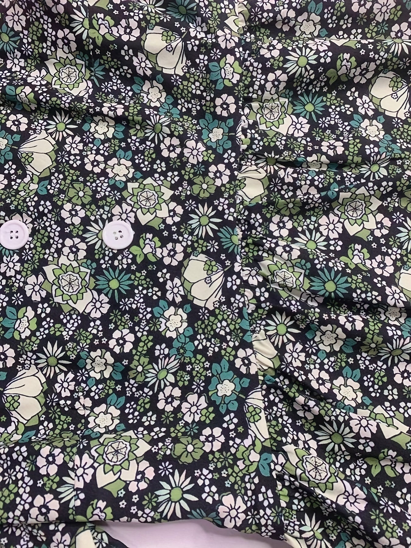 Ditsy Floral Print V Neck Dress, Casual Ruched Summer Dress With Pockets