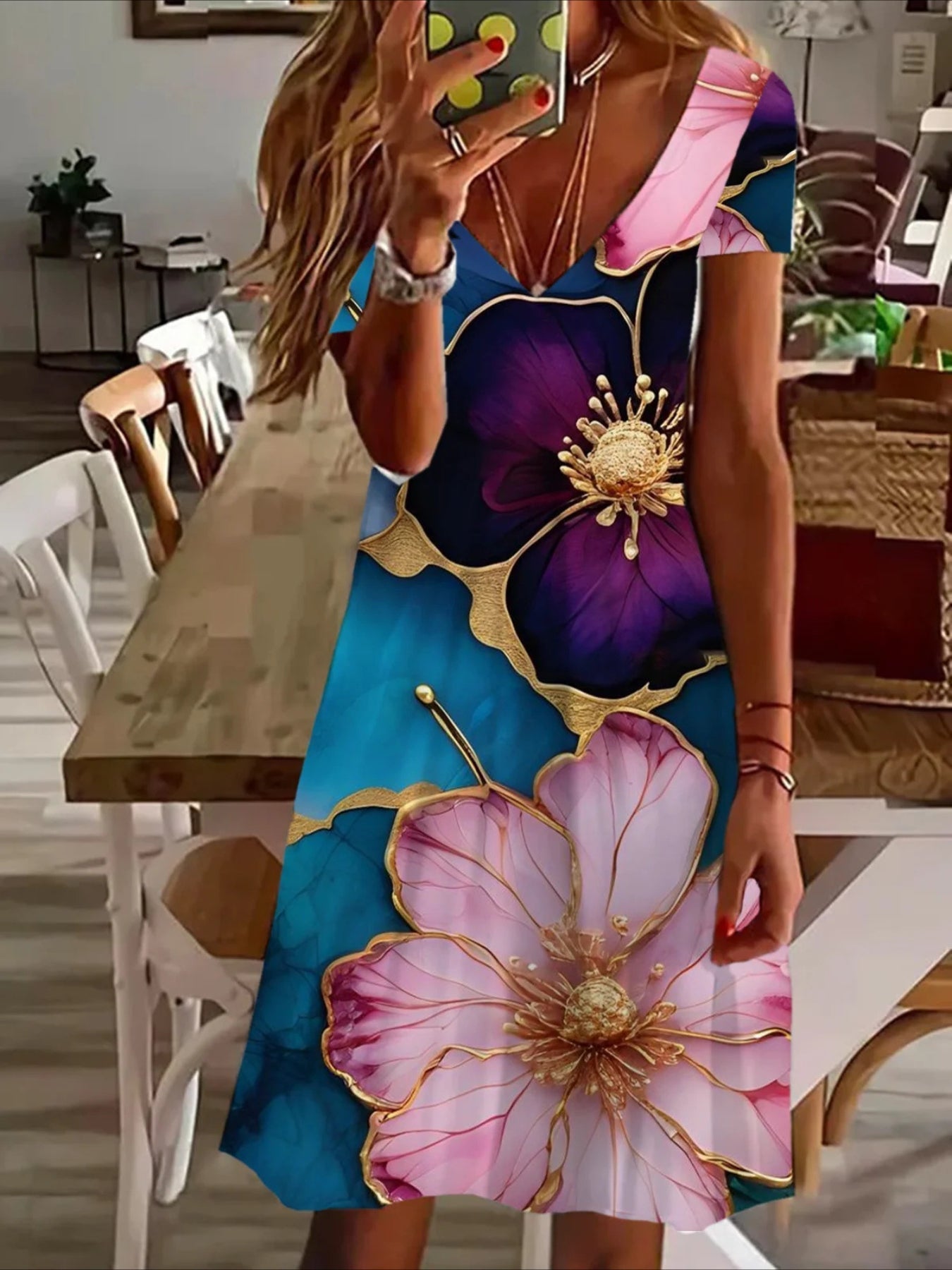 Loose V-neck Printed Short Sleeve Dress