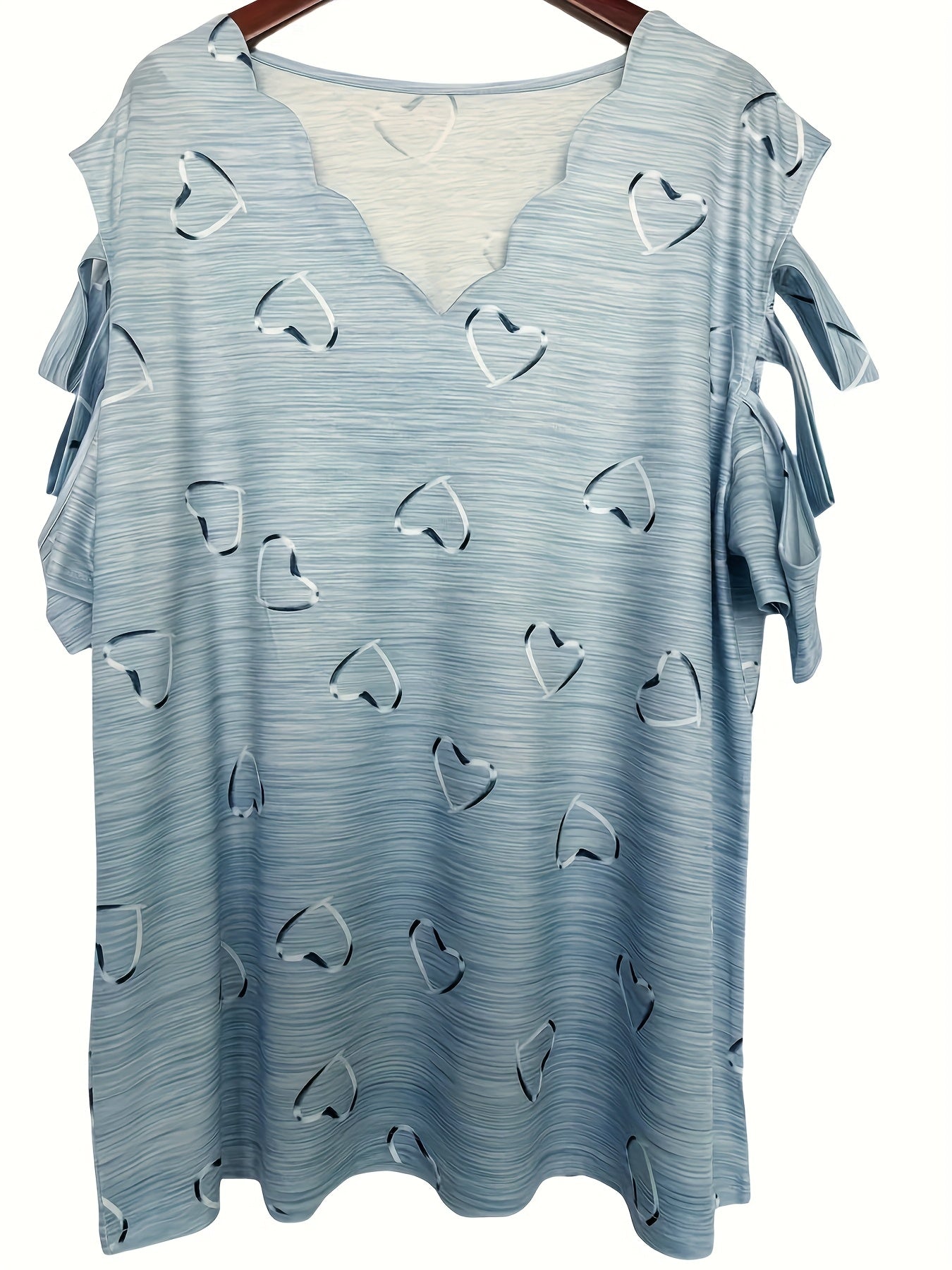 Short Sleeve Heart Print V-Neck T-Shirt with Cold Shoulder Design