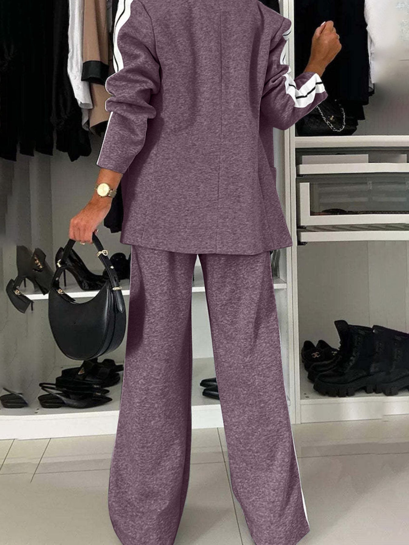 Full Size Contrast Lapel Collar Top and Pants Set
