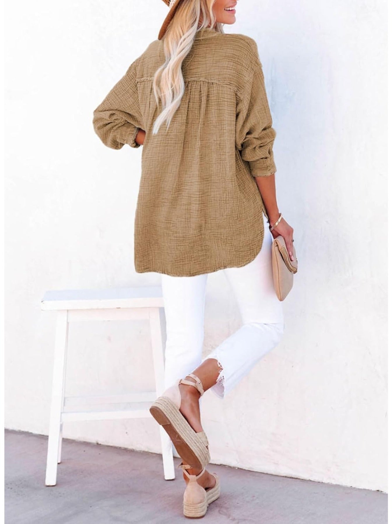 Long Sleeve Button Solid Color Pleated Detail Casual Oversized V-Neck Blouse