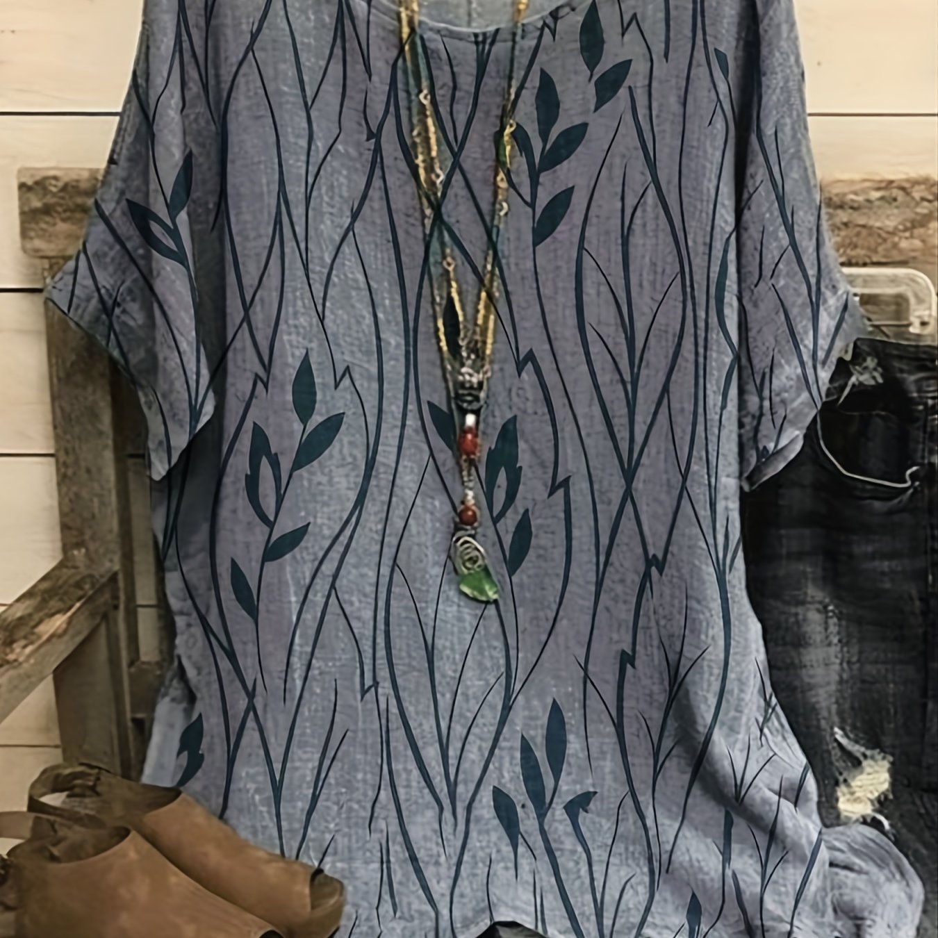 Print Crew Neck Blouses, Casual Loose Half Sleeve Fashion Shirts Tops, Women's Clothing
