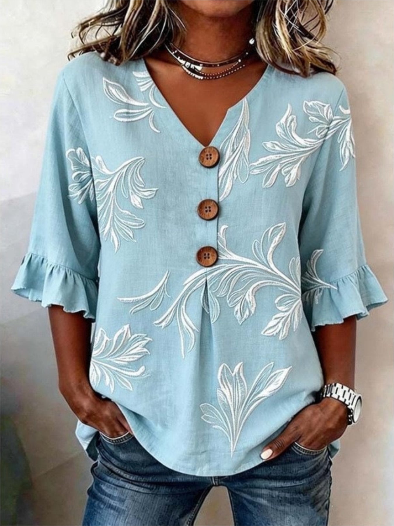 V Neck Button Short Ruffle Sleeve Casual Top