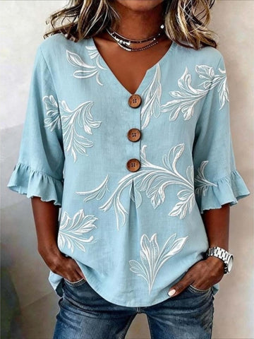 V Neck Button Short Ruffle Sleeve Casual Top