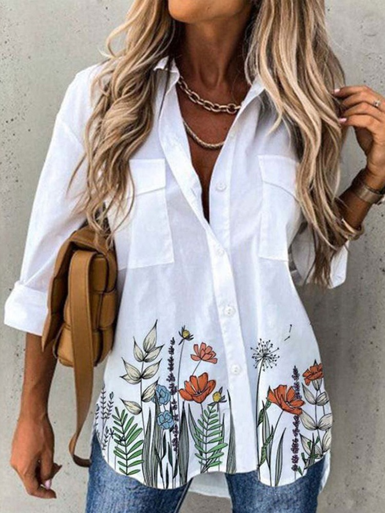 Turn-down Collar Button Short Sleeve Casual Blouses Tops