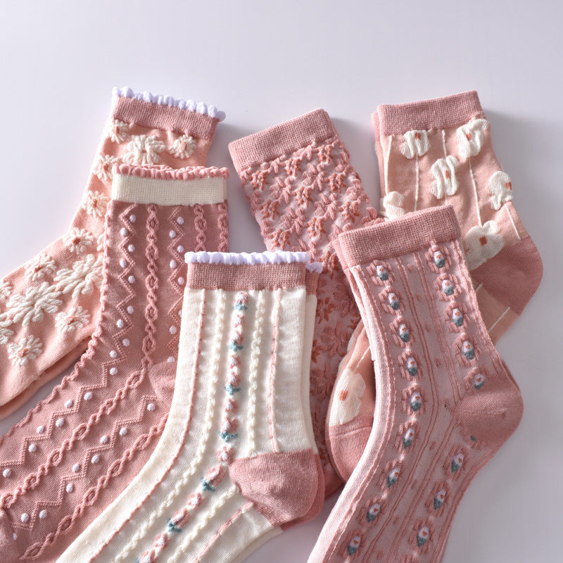 6 Pairs Flower Bubble Cable Crew Socks, Lightweight & Comfy Mid-tube Socks