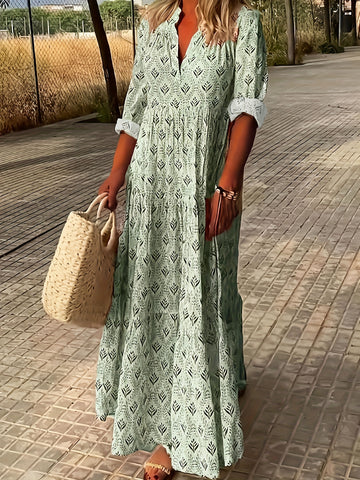 Women's Casual Floral Print Long Sleeve Smock Dress - 100% Polyester Polo Collar Asymmetrical Long Maxi Dress