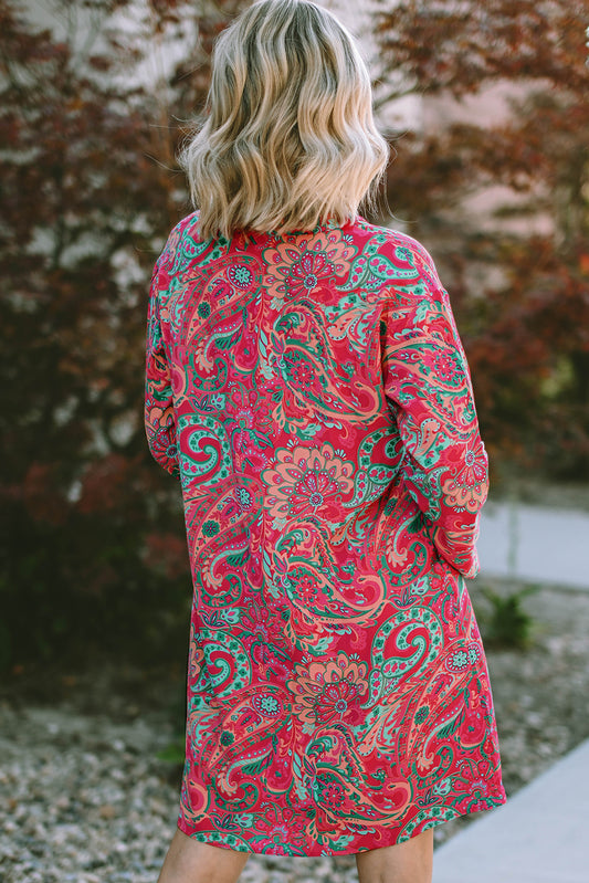 Rose Red Paisley Print Tab Sleeve Notched V-Neck Dress