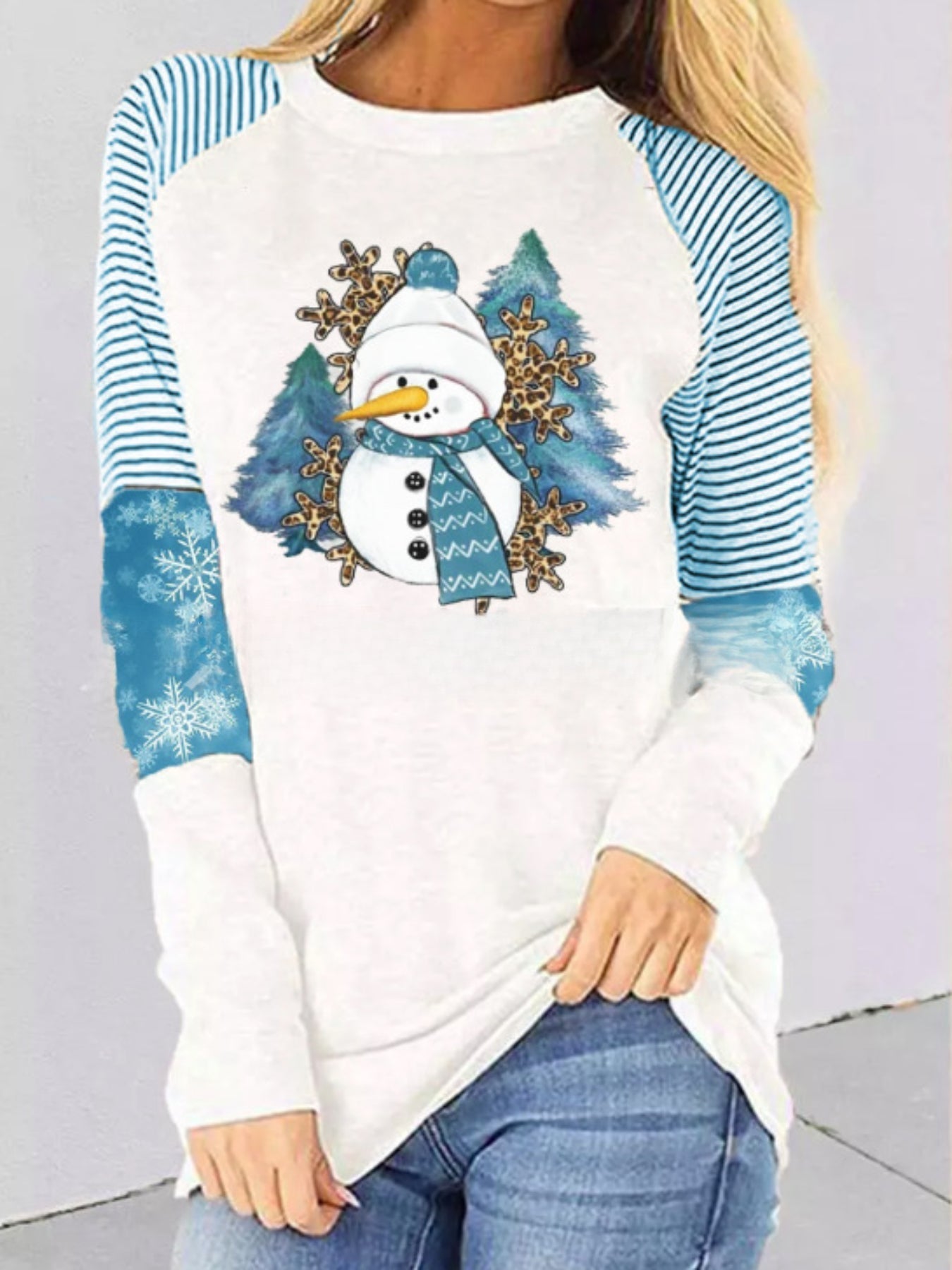 Snowman Pattern Crew Neck T-Shirt, Casual Long Sleeve Top