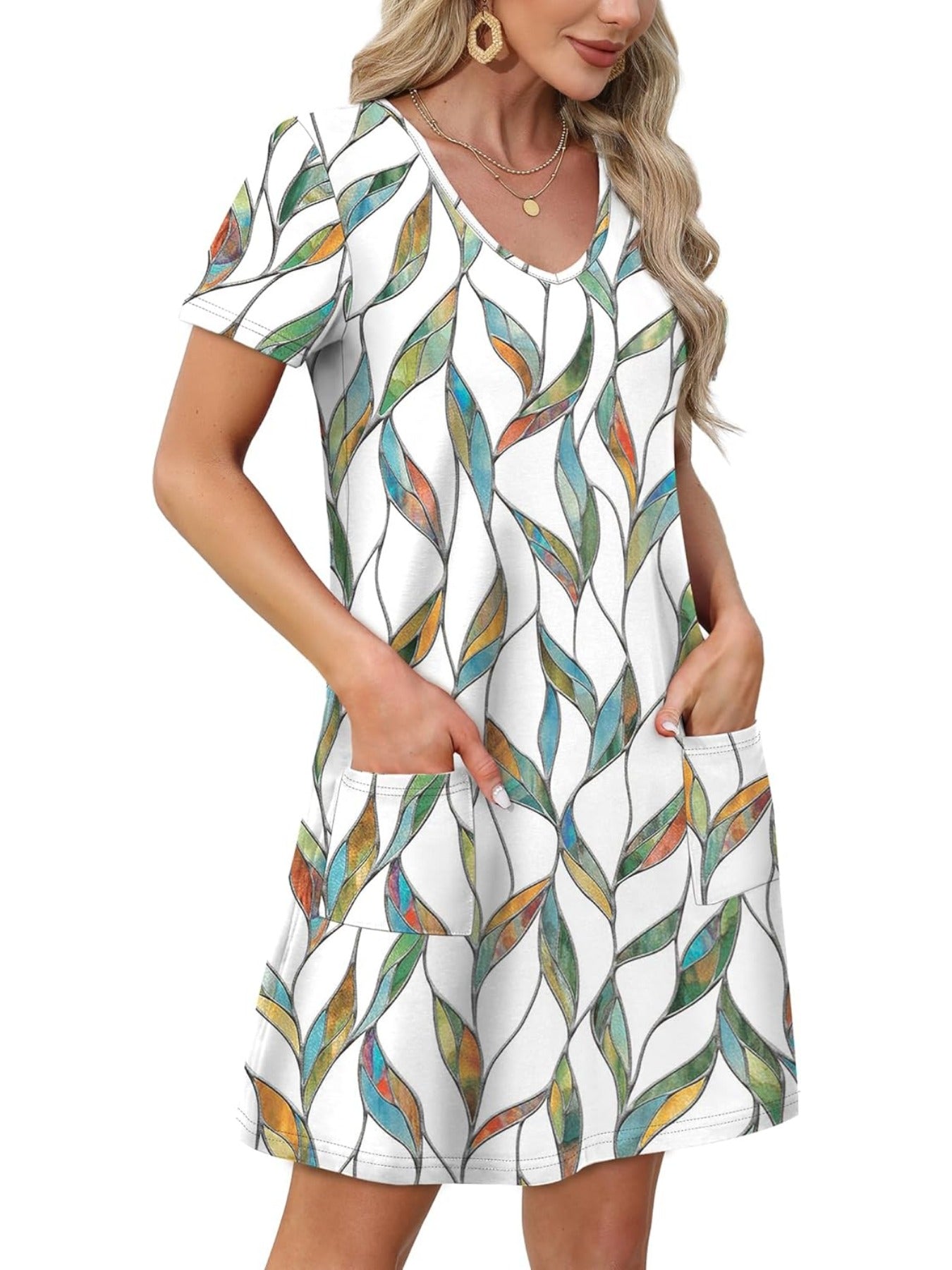 Loose V Neck Short Sleeve Casual T Shirt Dress