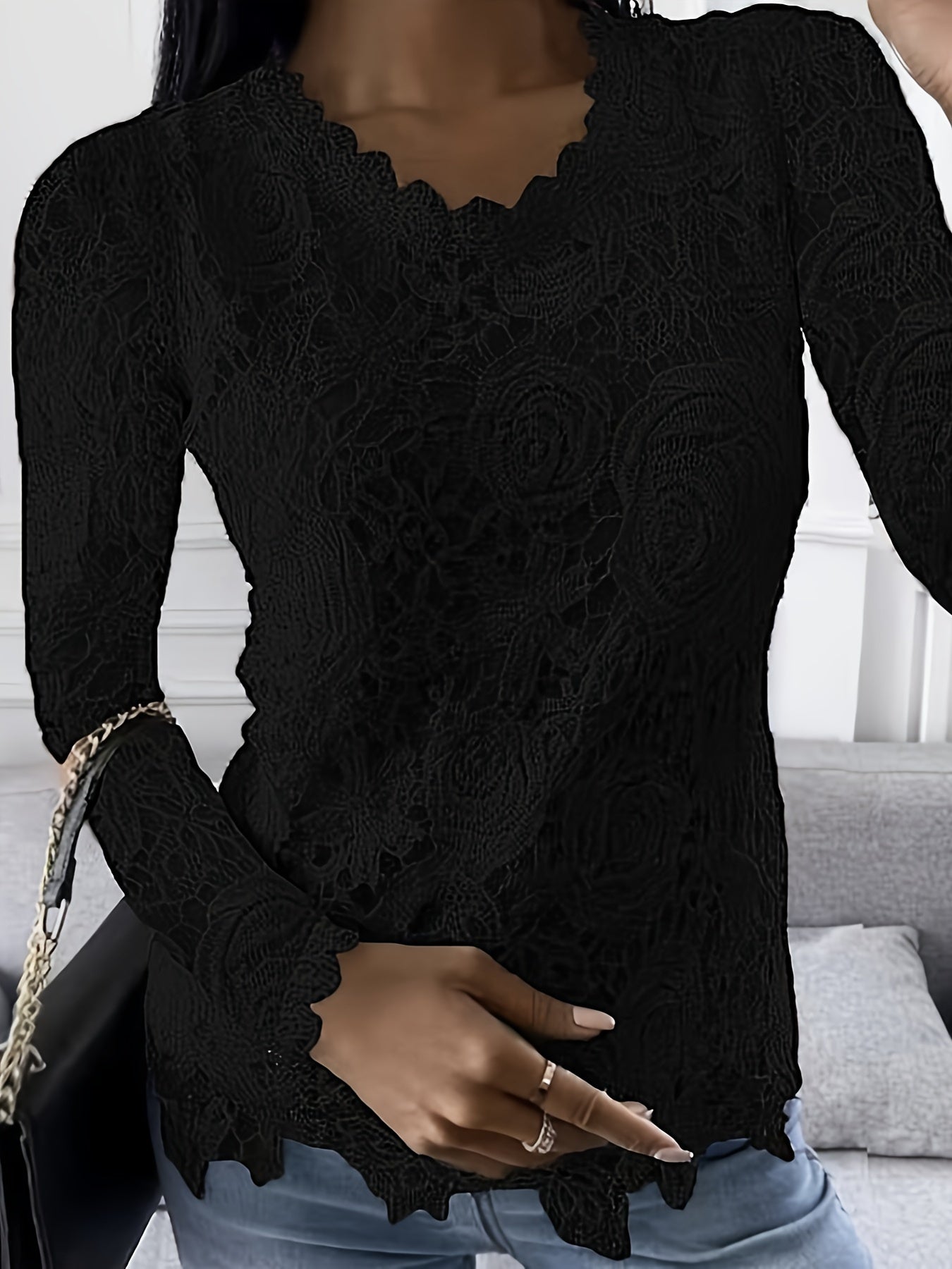 Floral Lace Stitching Crew Neck T-Shirt, Casual Long Sleeve