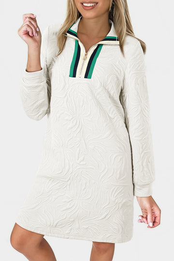 White Jacquard Textured Quarter Zipper Shift Mini Dress