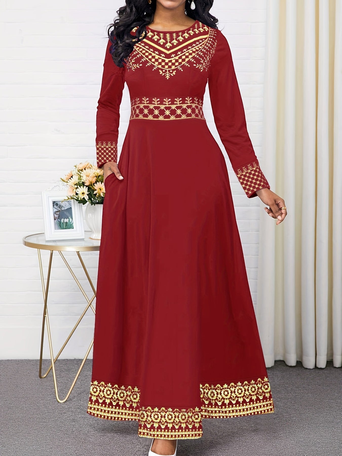 Vintage Print Long Sleeve Elegant Dress, Crew Neck Long Sleeve Dress