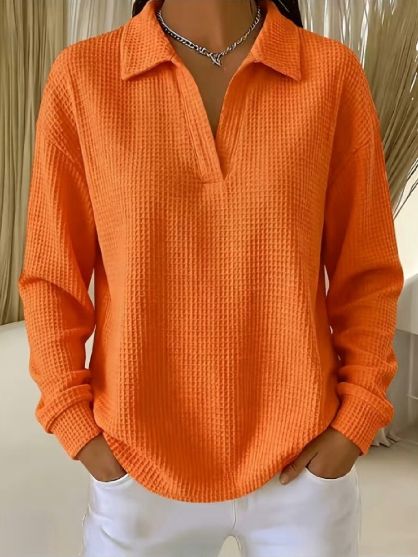 Waffle Lapel Neck Long Sleeve Polo Top