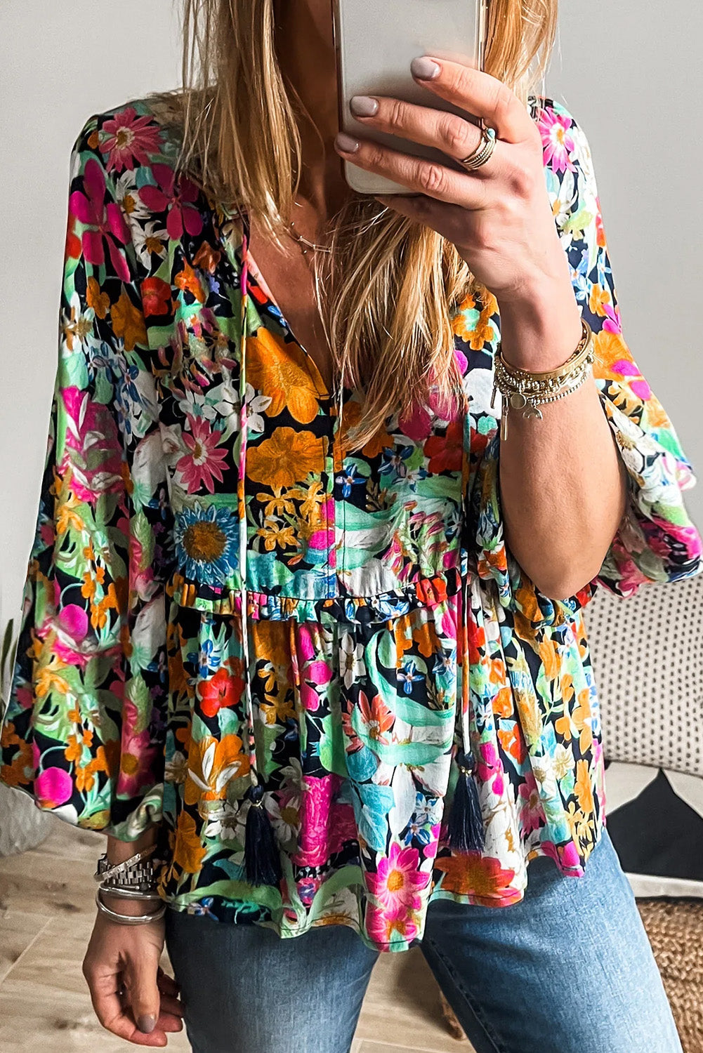 Multicolour Floral Print Bubble Sleeve V Neck Ruffled Blouse