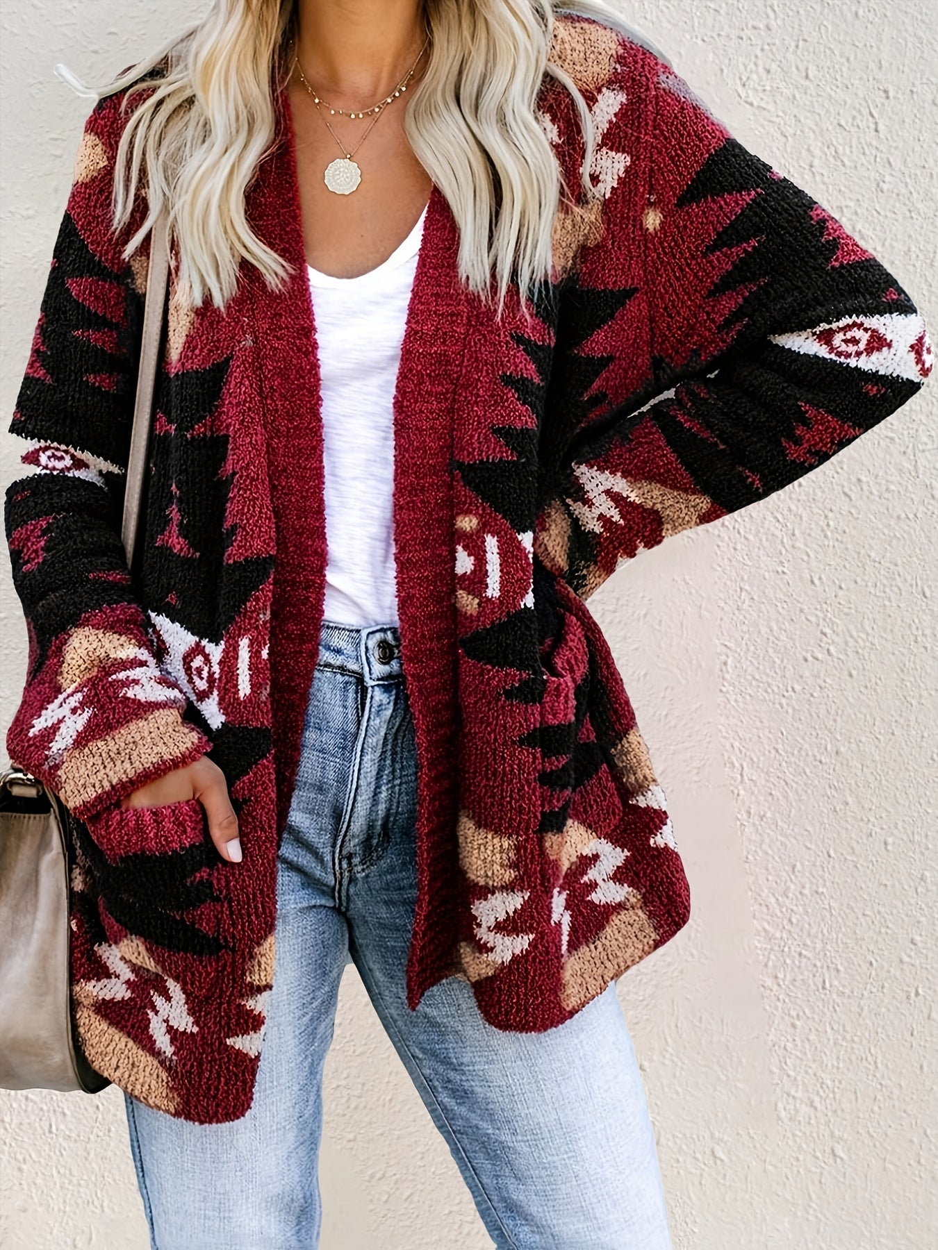 Stylish Women's Long Sleeve Ethnic Pattern Open Front Pocket Cardigan for Casual Wear
