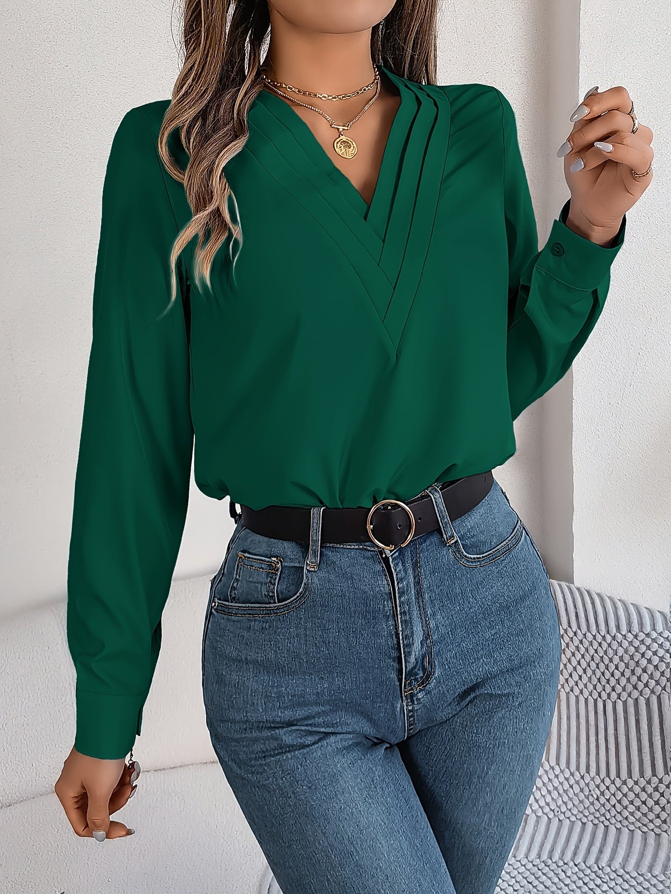Solid Color V Neck Blouse, Elegant Long Sleeve Blouse